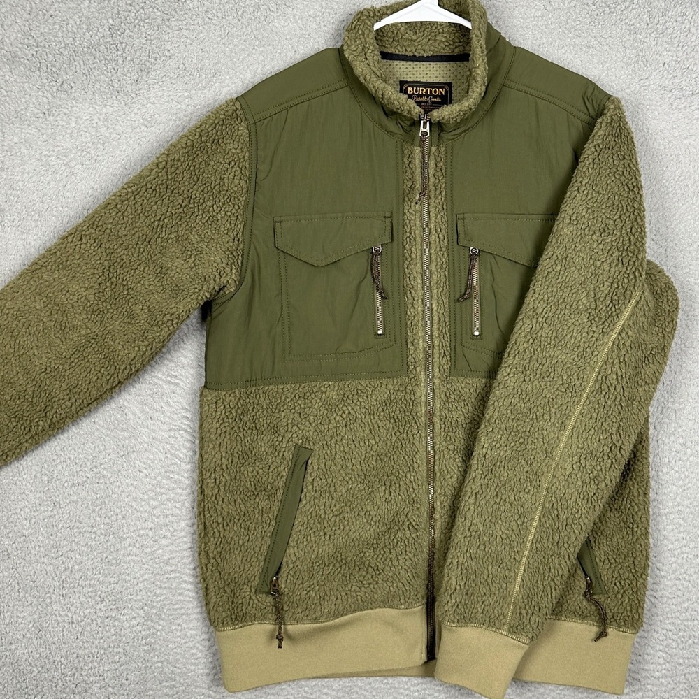 Burton Jacket Men Large Bower Fleece Green High-Pile Sherpa Full Zip Pockets EUC